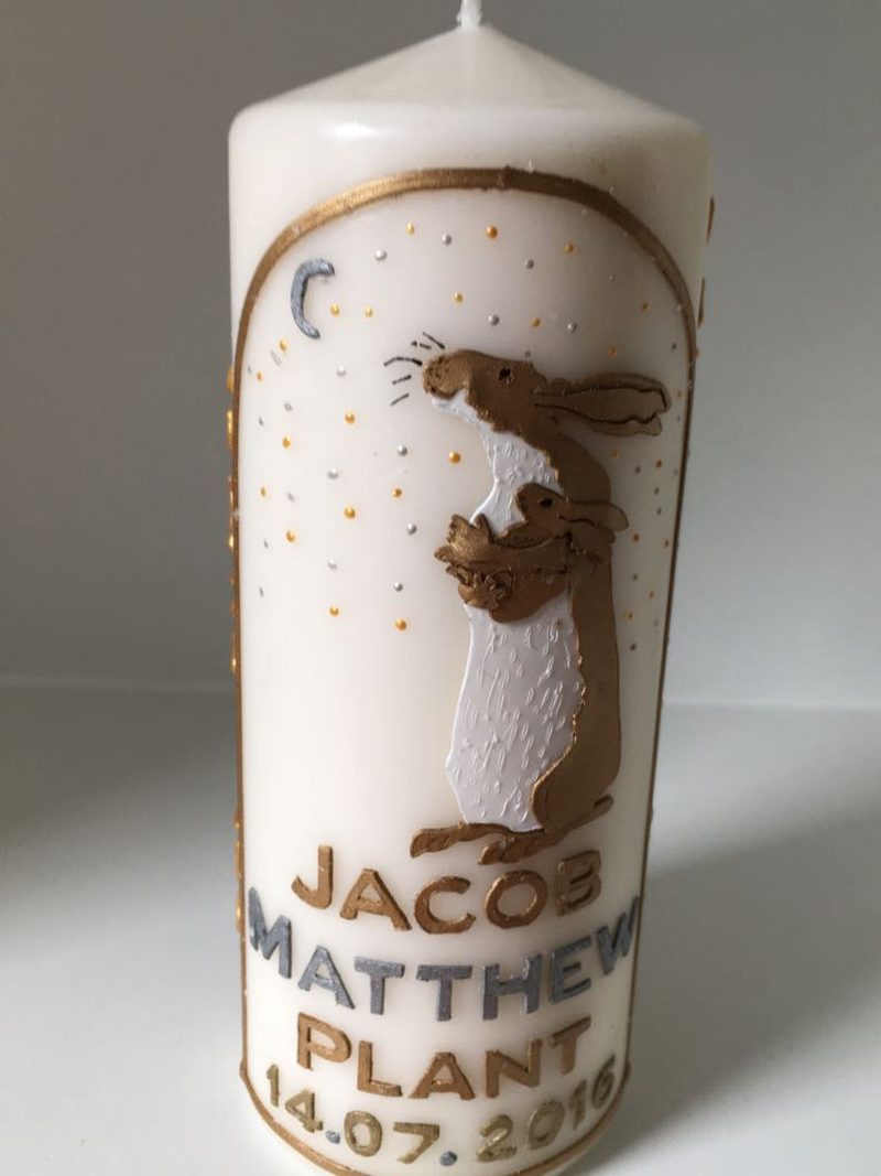 Candle for Jacob Matthew Plant with a golden hare under the moon and stars